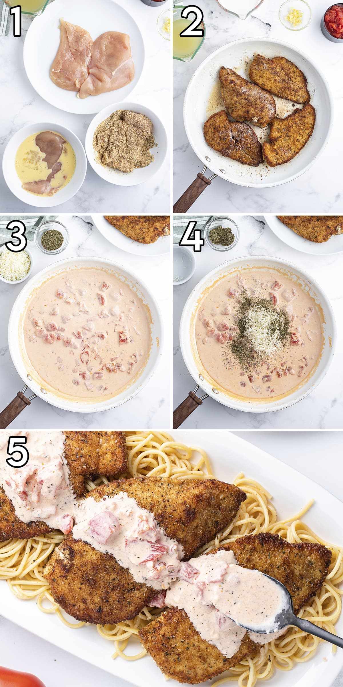 A collage of 5 photos showing how to make herb crusted chicken with tomato cream sauce.