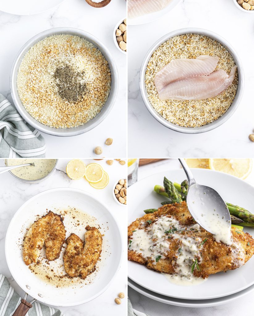 A collage of 4 photos showing step by step images on how to make macadamia nut crusted tilapia.