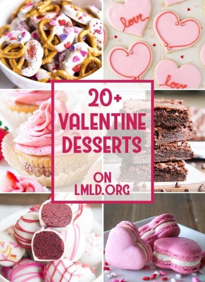 Collage of 20+ valentine's day desserts with multiple recipes pictured on the collage.