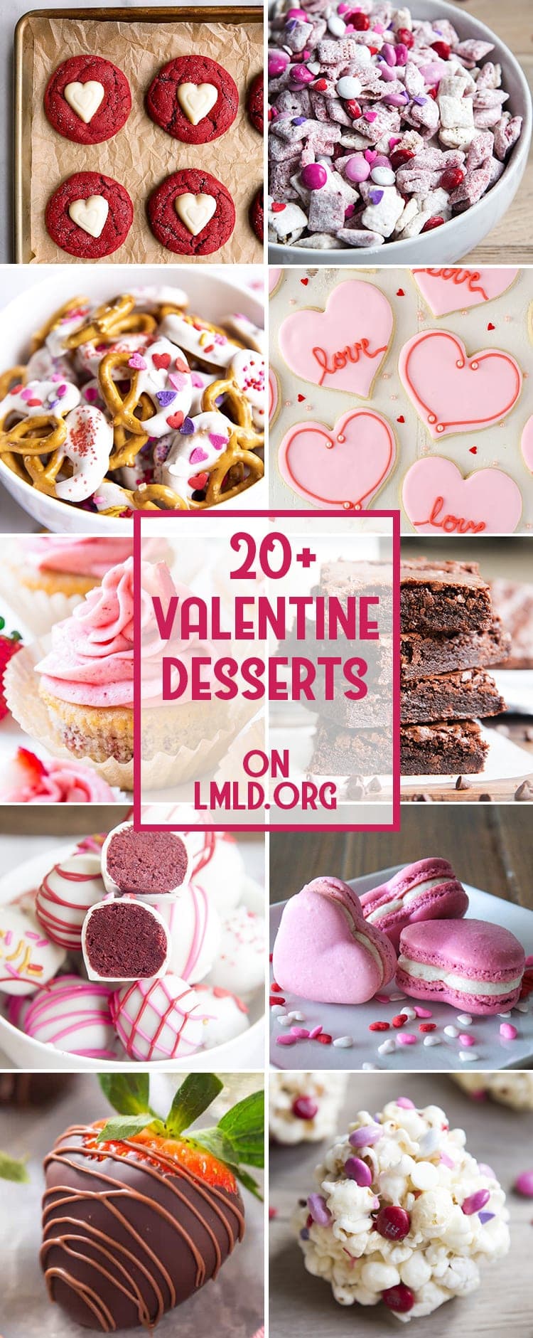 Collage of 20+ valentine\'s day desserts with multiple recipes pictured on the collage.