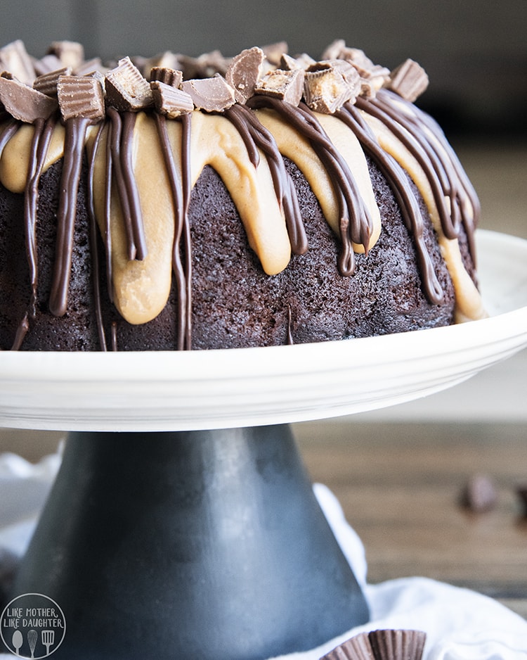 Chocolate Peanut Butter Cake with a chocolate batter, peanut butter batter, and chocolate ganache and peanut butter ganache