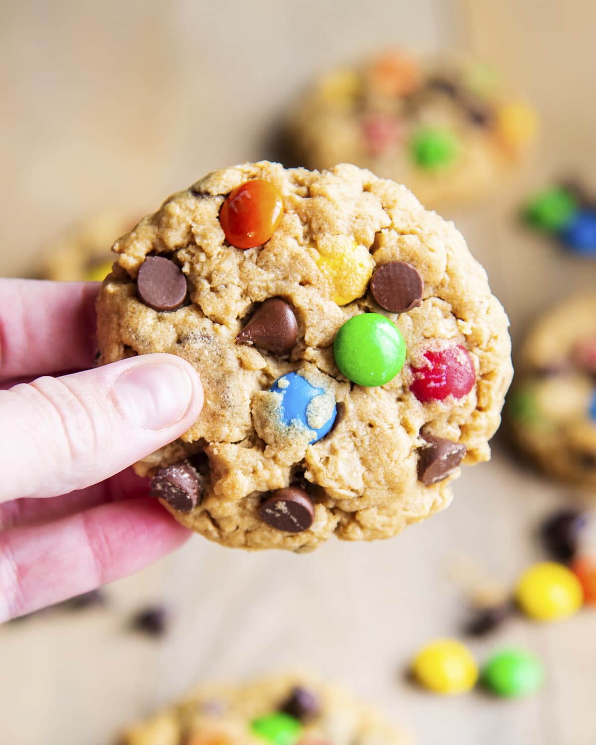 A hand holding a peanut butter and oatmeal cookie with m&ms and chocolate chips on top of it.