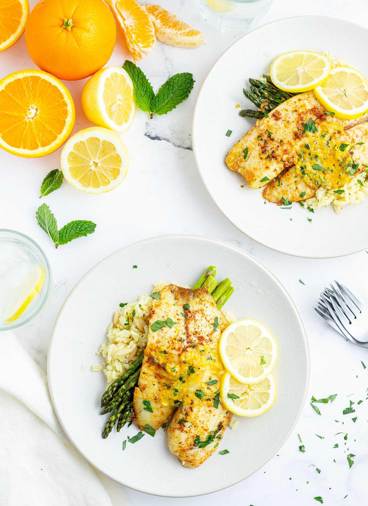 An overhead photo of two plates of Citrus Butter with Tilapia over rice.