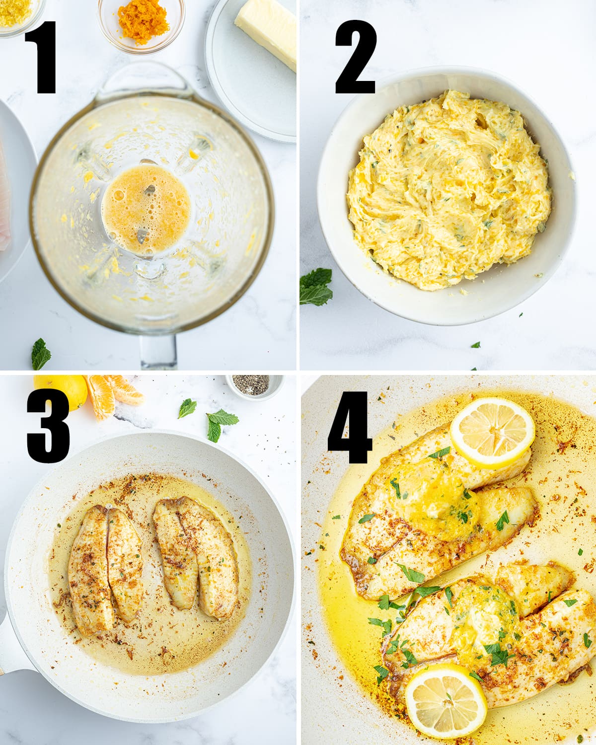 A collage of four photos showing how to make Tilapia with Citrus Butter.