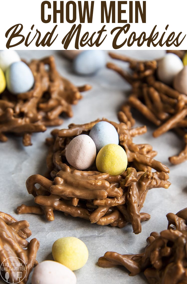 A close up of a bird\'s nest chow mein cookie topped with three chocolate eggs.