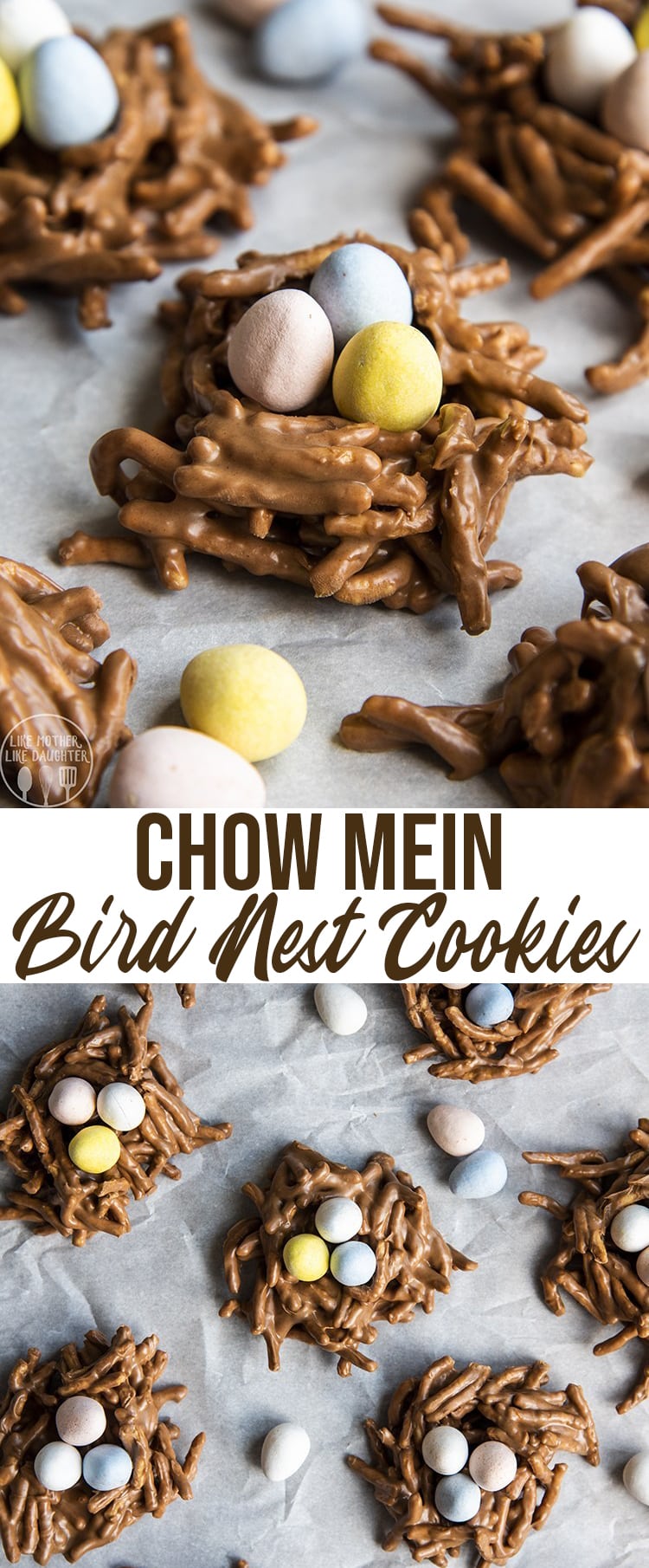 A collage of two photos of chow mein bird nest cookies with a text block in the middle. 