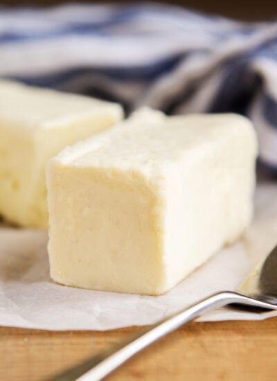 A front view of a stick of butter.