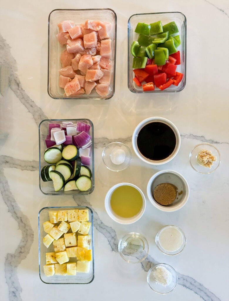 The ingredients needed to make chicken teriyaki kabobs.
