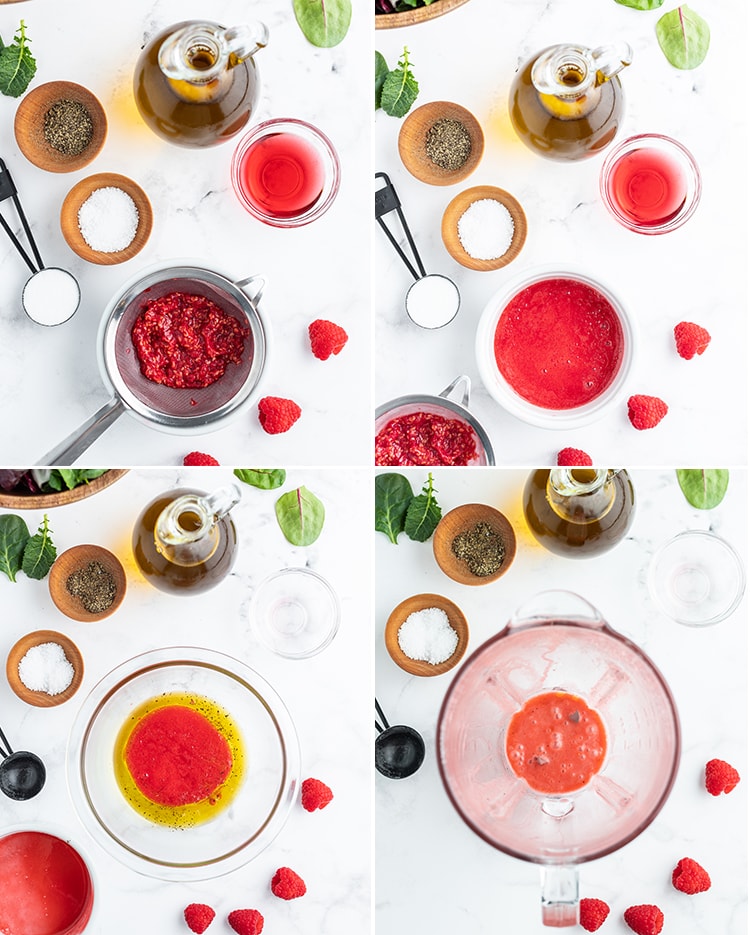 Step by step photos showing how to make raspberry vinaigrette.