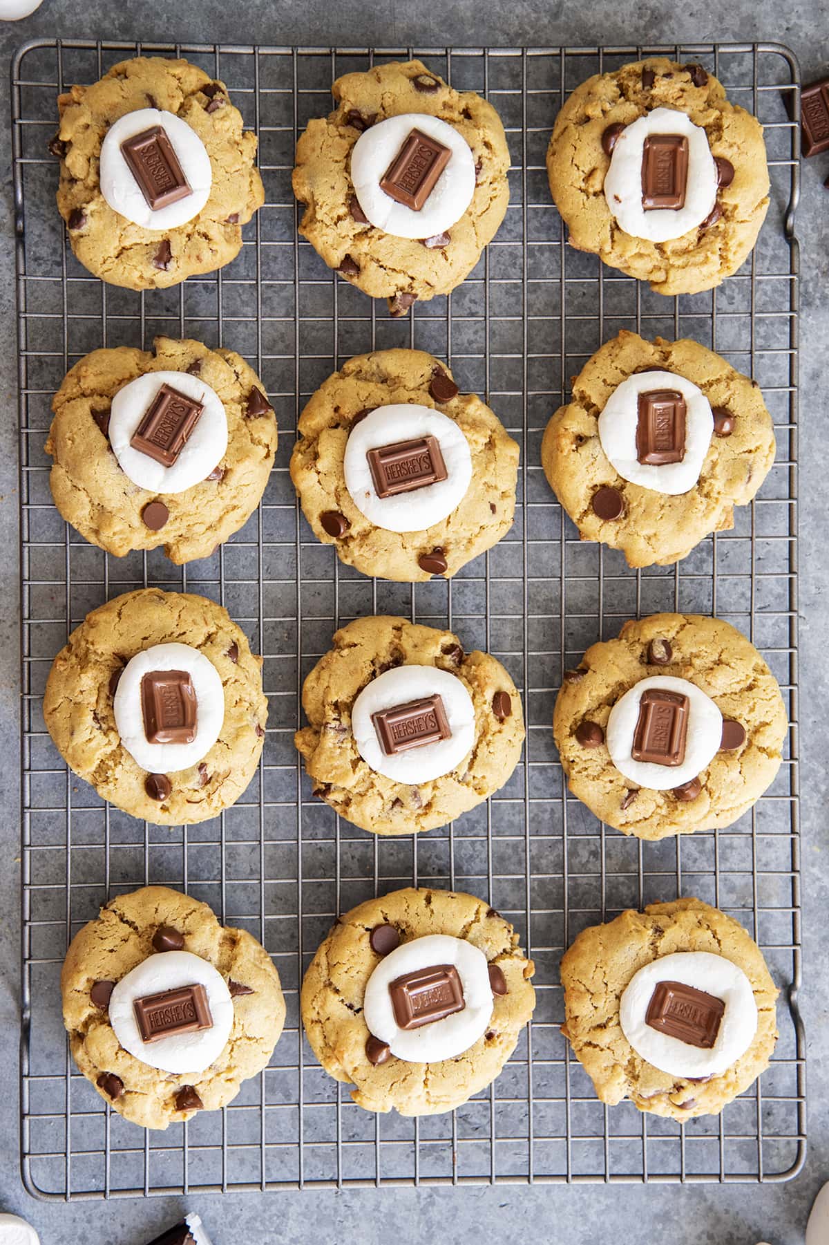 An overhead photo of a cooling rack topped with rows of s'mores cookies.
