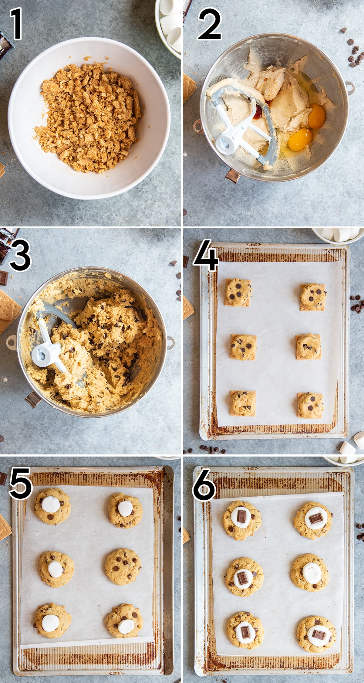 A collage of 6 photos showing how to make s'mores cookies.