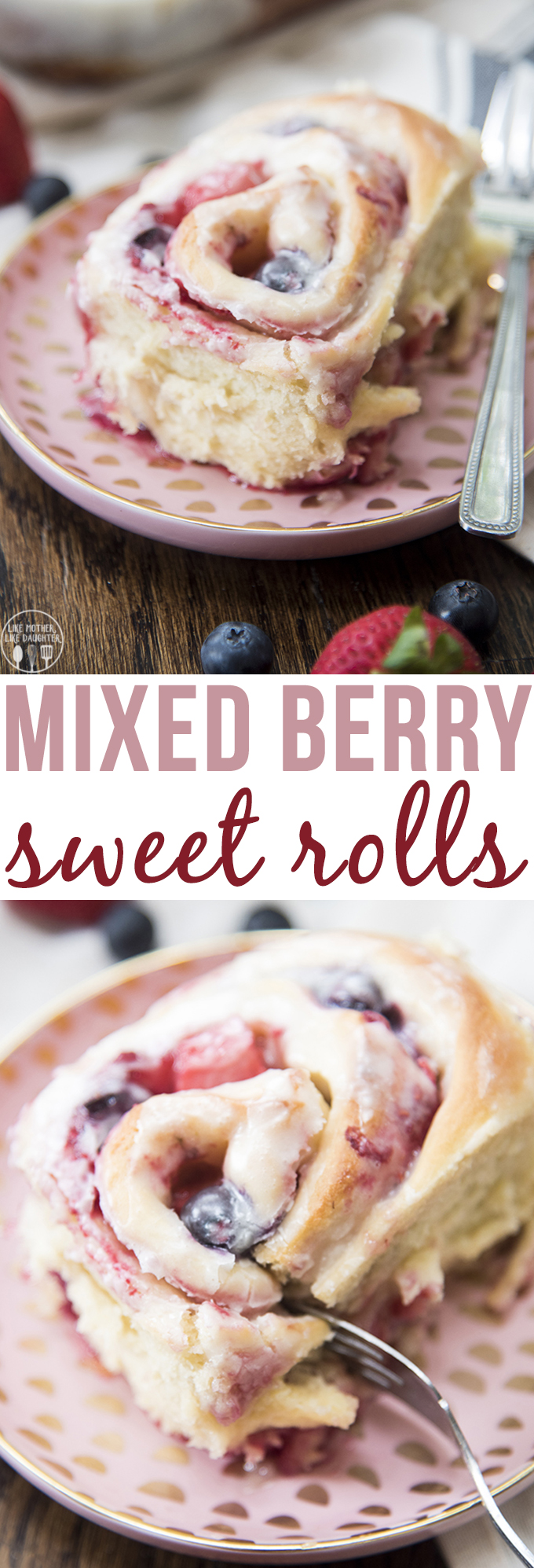 Title card for mixed berry sweet rolls with text.
