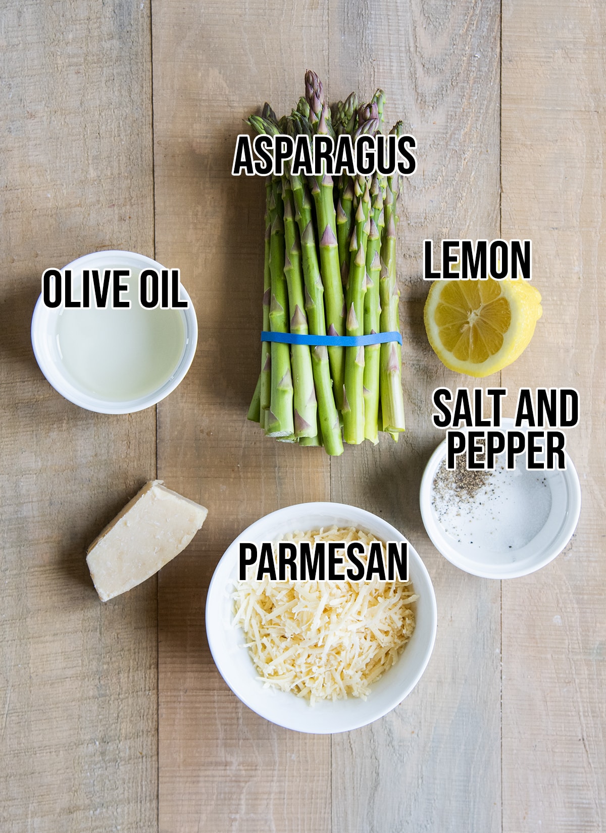 An overhead photo of the ingredients needed to make parmesan asparagus.