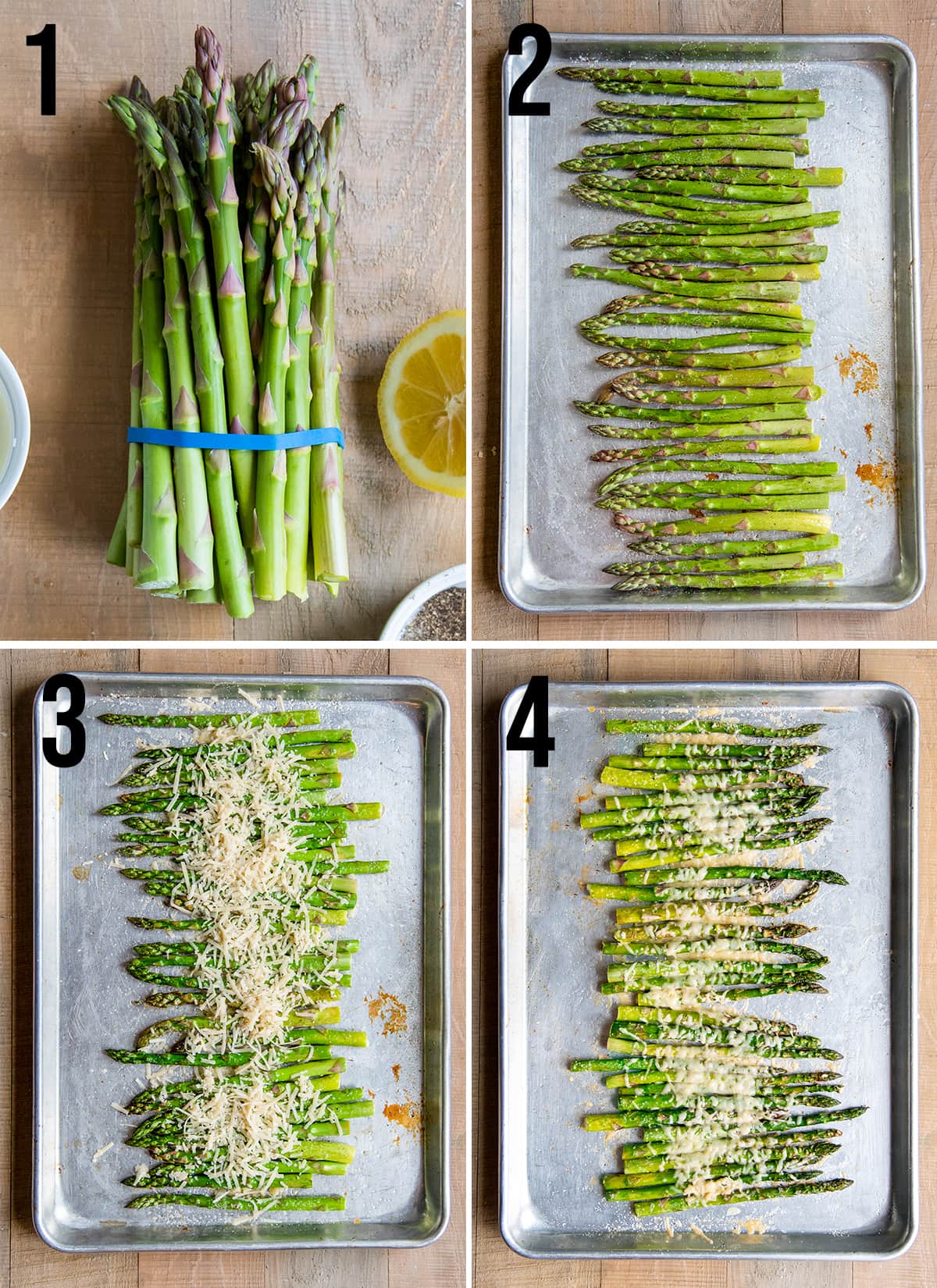 A collage of four photos showing how to make roasted parmesan asparagus.