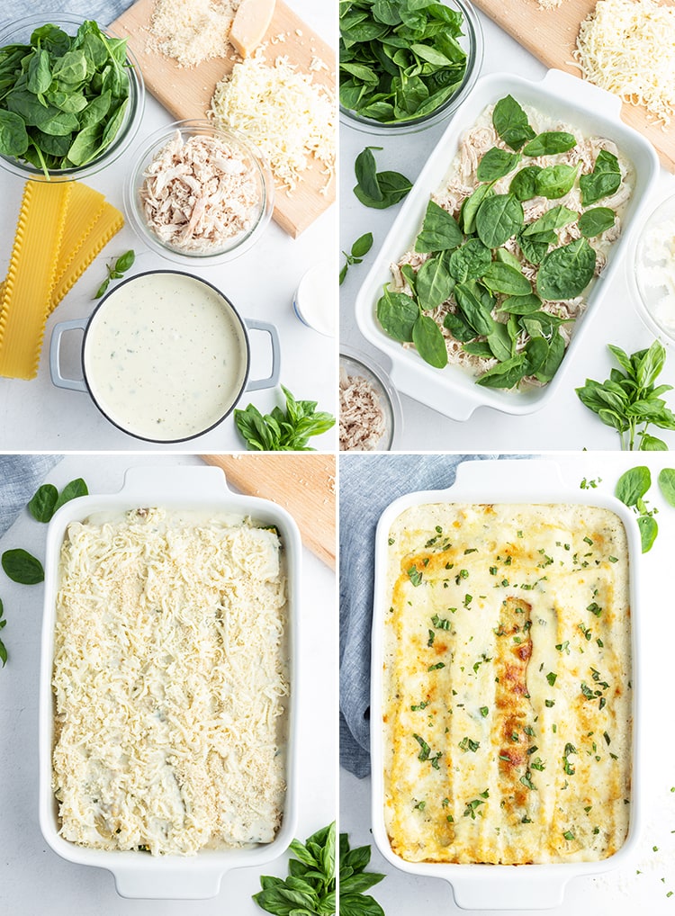A collage of photos how to make white chicken lasagna.