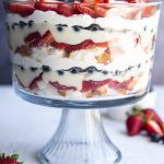 A patriotictrifle with layers of angel food cake, strawberries, pudding, blueberries, and whipped cream