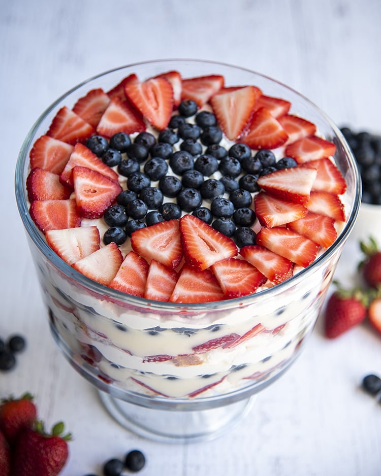 A star shaped out of blueberries with strawberries around it on top of a red white and blue trifle