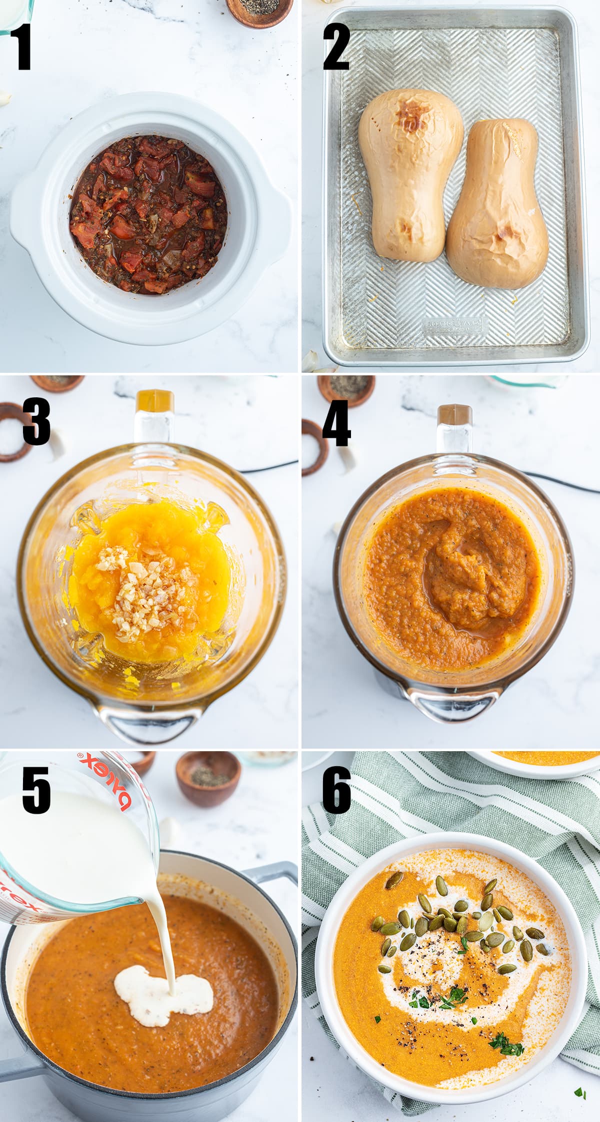 A collage of 6 photos showing how to make tomato squash soup.