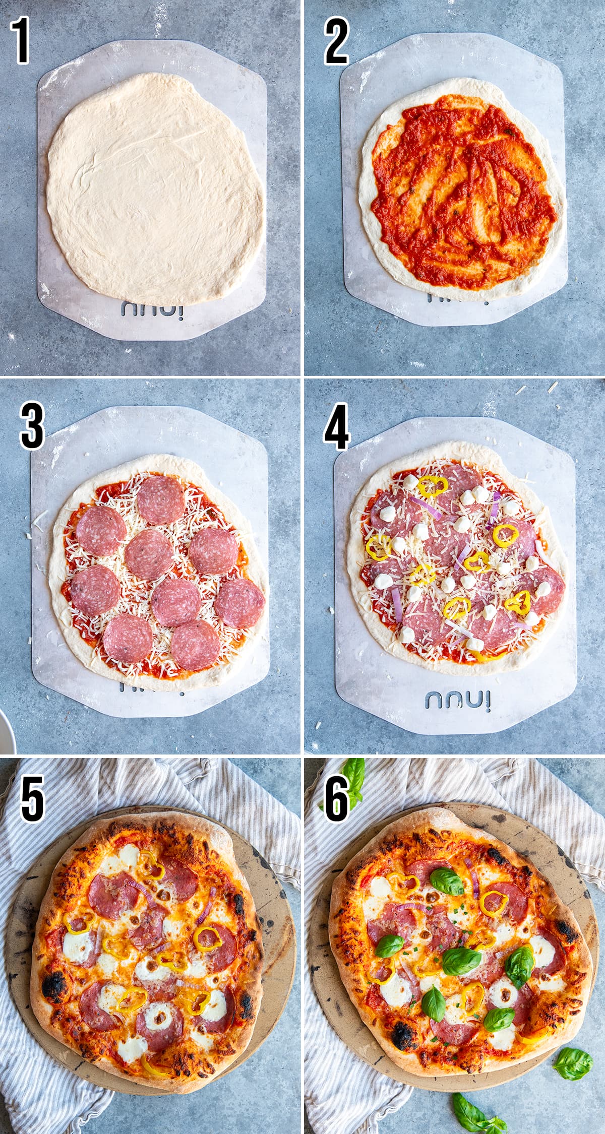 A collage of 6 photos showing the steps of how to make salami pizza.