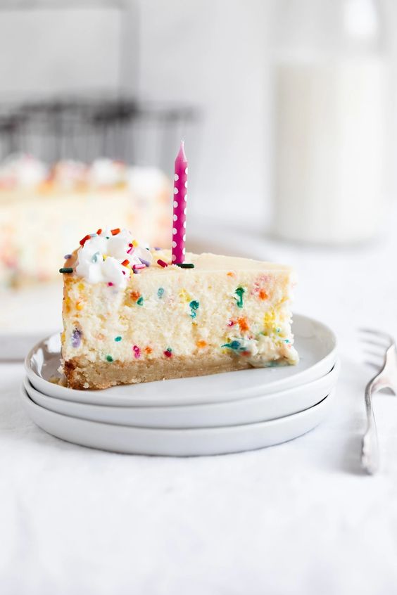 A side image of birthday cake cheesecake with a pink candle on top.