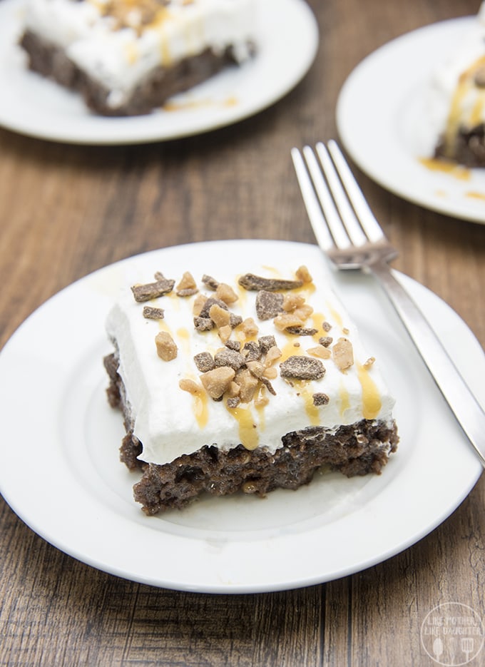 Angled view of better than anything brownies on a white plate.