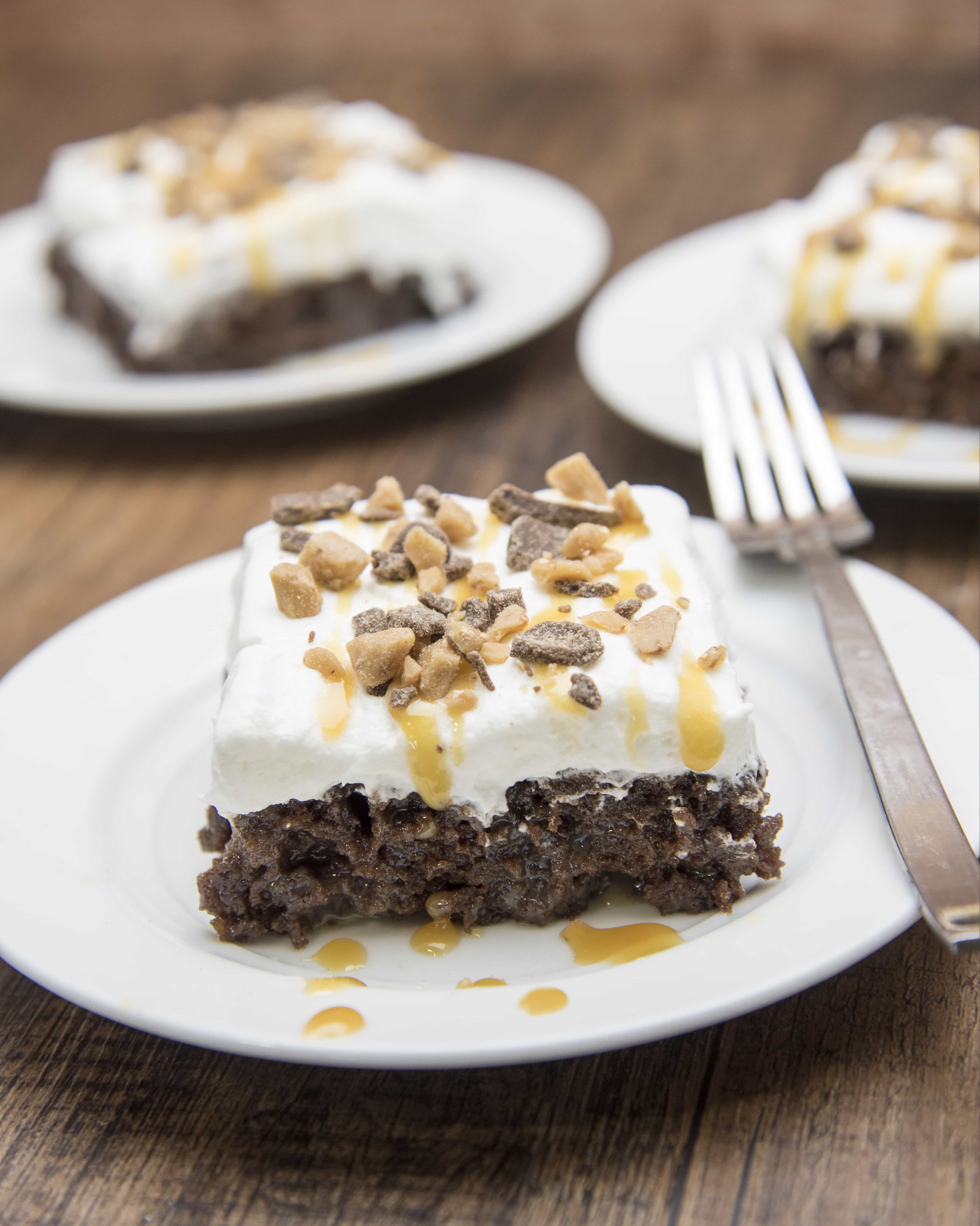 Front view of better than anything brownies on a white plate.