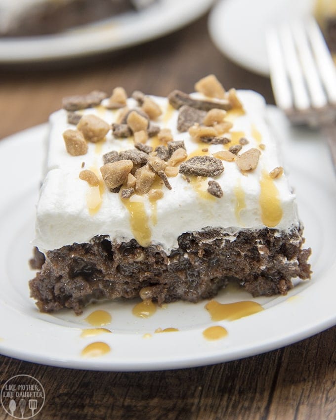 Front view of better than anything brownies on a white plate.