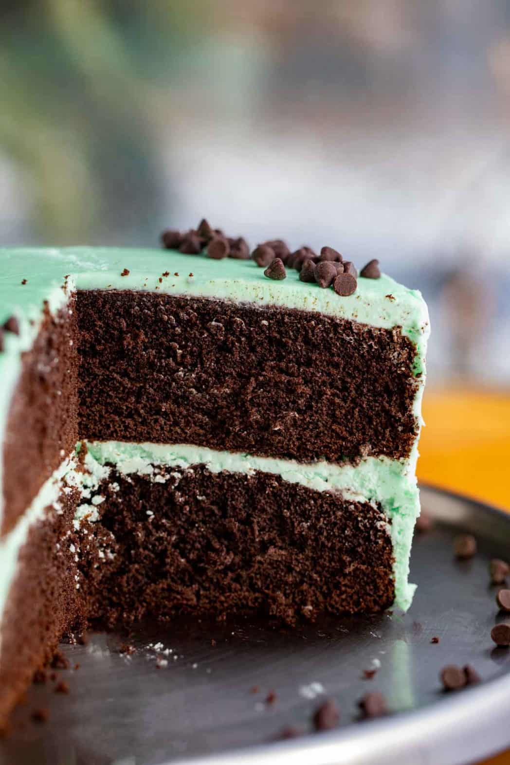 Mint Chocolate Cake cut into with green mint frosting