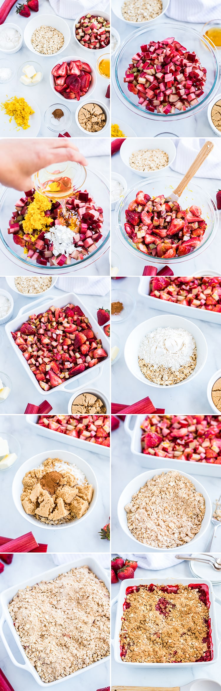 Step by step photos of how to make strawberry rhubarb crumble with each ingredient.