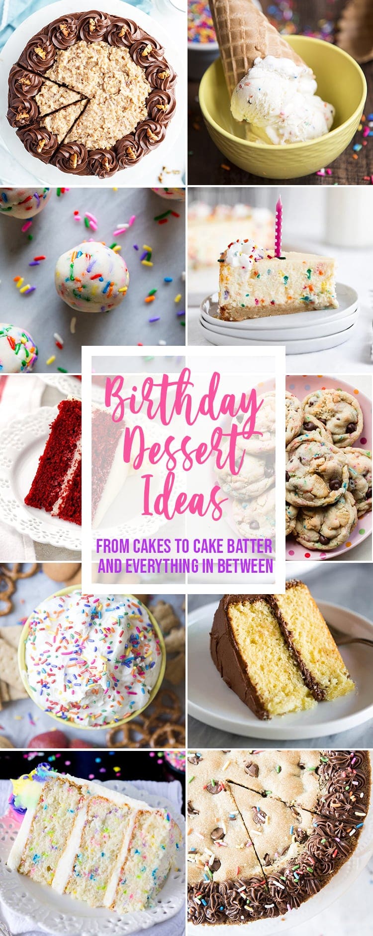 A collage of birthday themed desserts, with text overlay for pinterest.