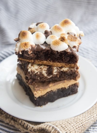 Front view smores brownies on a white plate.