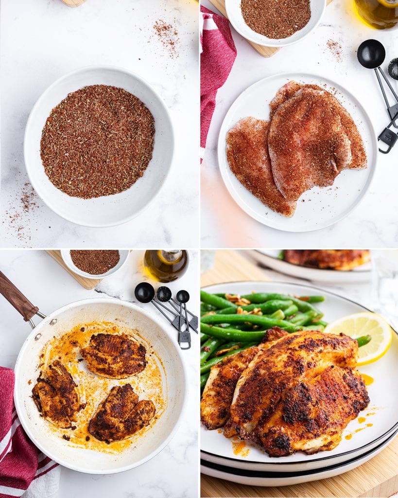 A collage of 4 photos showing how to make blackened tilapia.