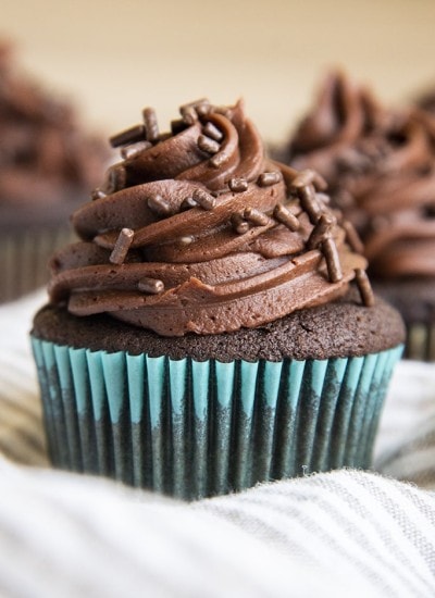 A chocolate cupcake with chocolate frosting, and chocolate jimmies on top.