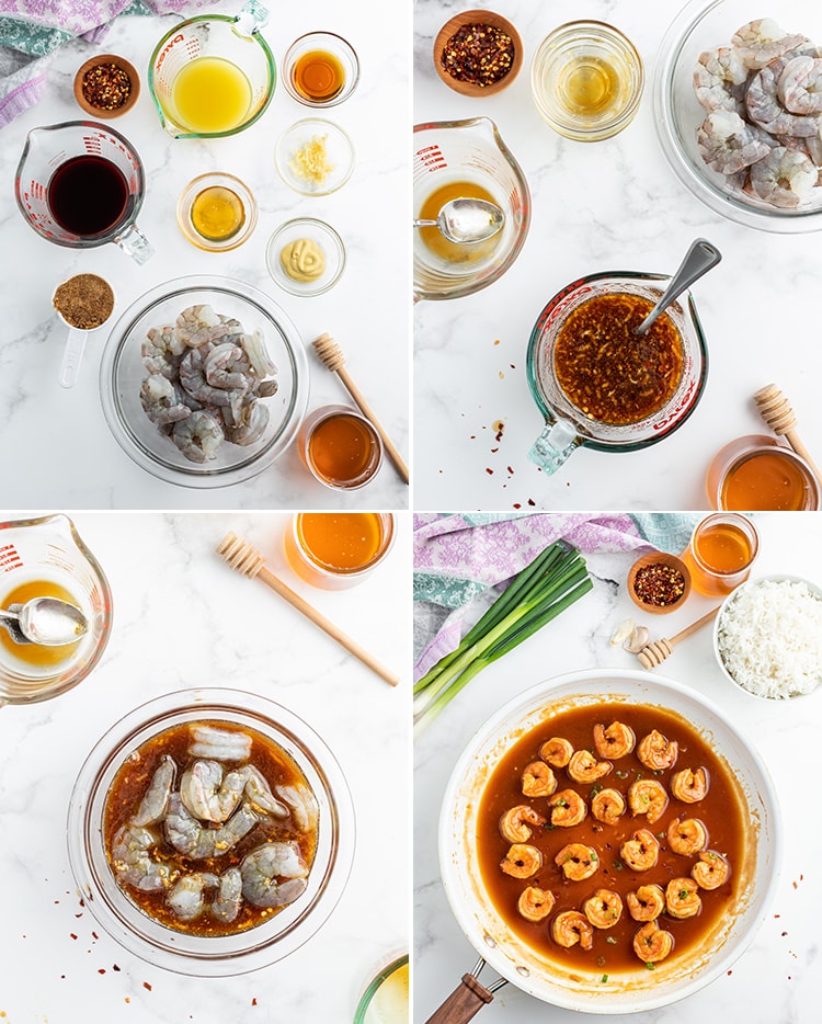 Step by step photos in a collage showing how to make honey glazed shrimp. Showing the ingredients needed to make the shrimp, the marinade in a small bowl, the marinade on the shrimp, then the shrimp being cooked in the marinade in a saute pan.