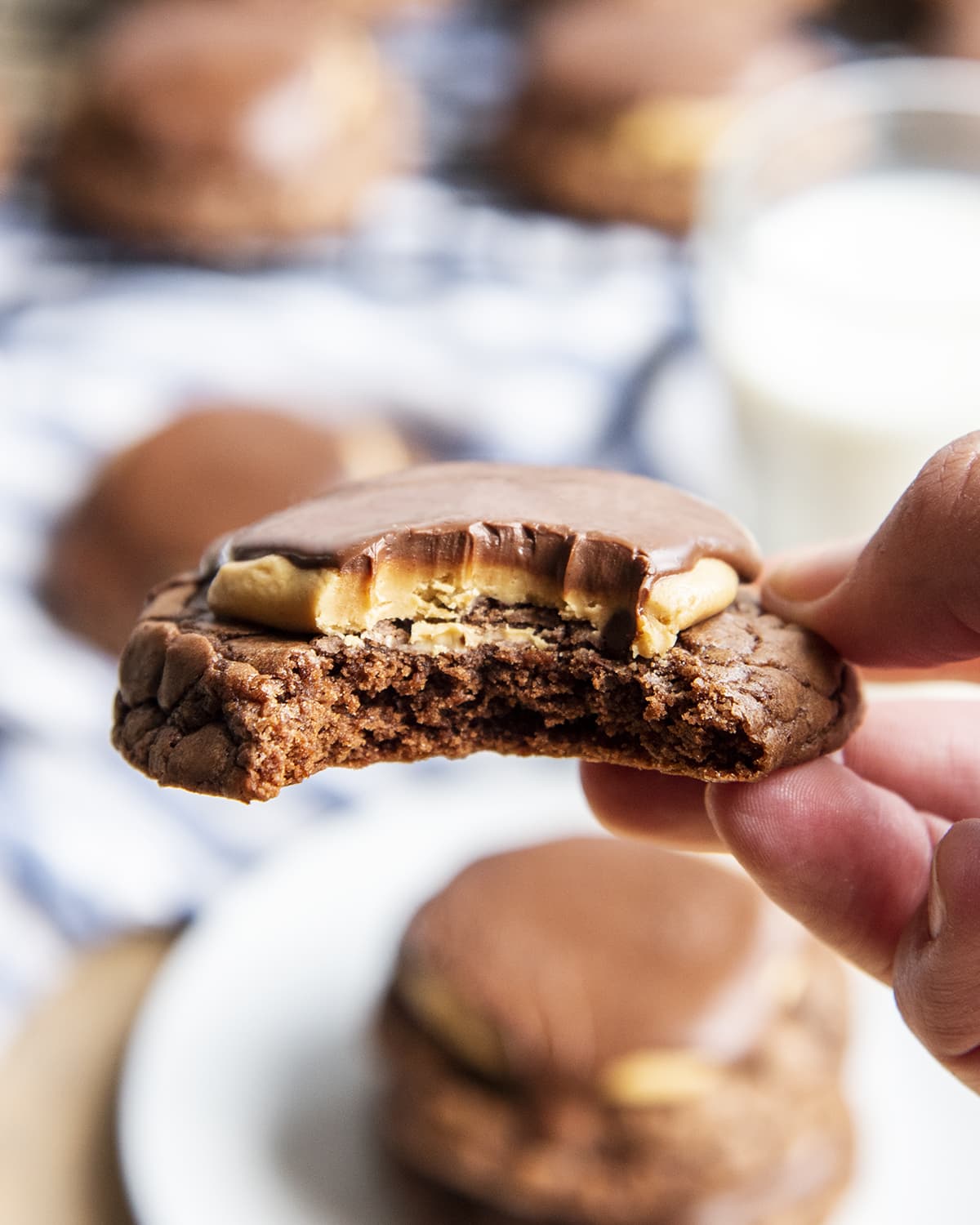 A hand holding a buckeye brownie cookie with a bite out of it.