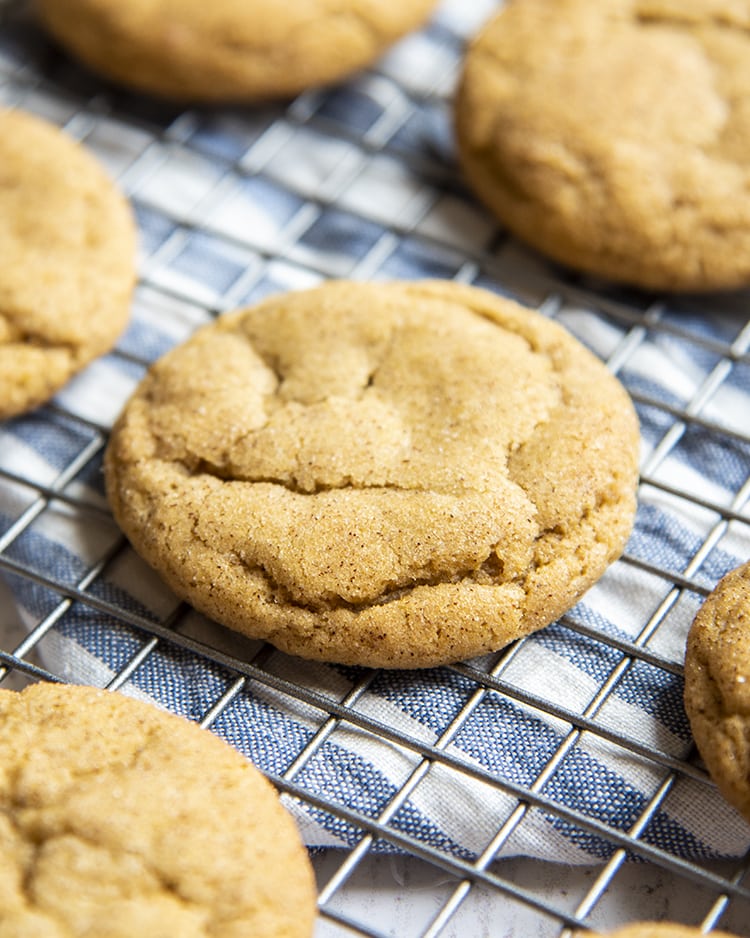 A close up of a pumpkin spice snickerdoodle cookie on a cooling rack.