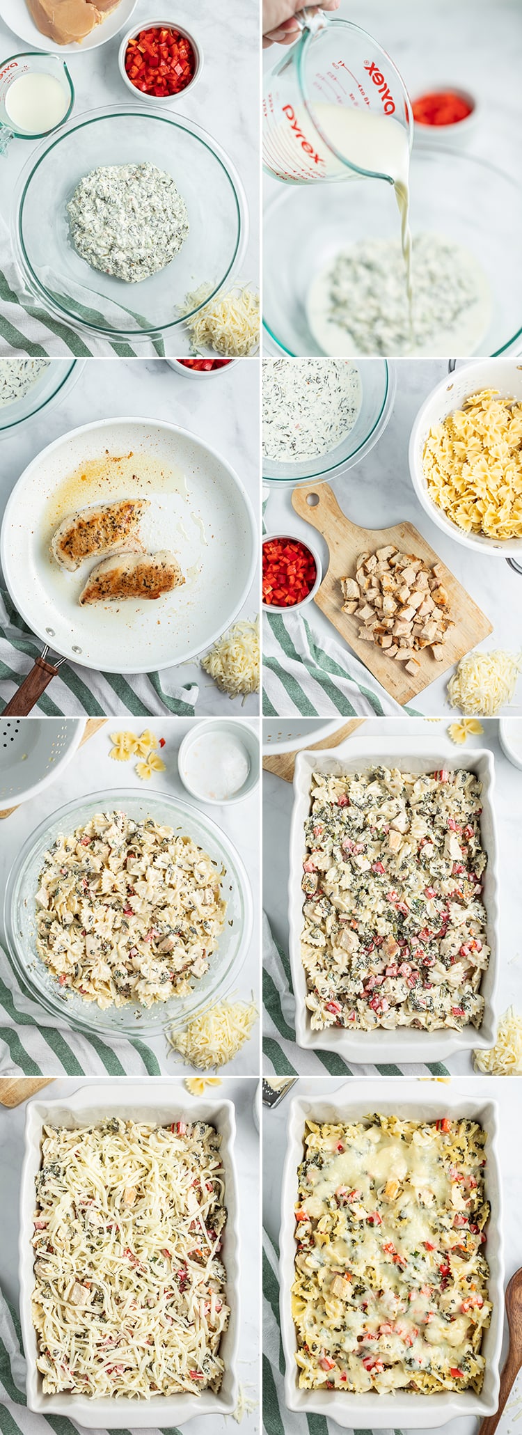 Collage of multiple steps showing how to create spinach dip pasta.
