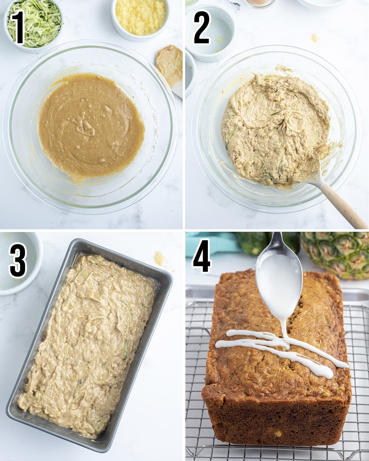A collage of 4 photos showing how to make pineapple zucchini bread.