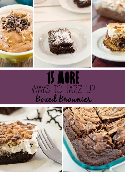 Title card for collage for 15 more ways to jazz up boxed brownies.