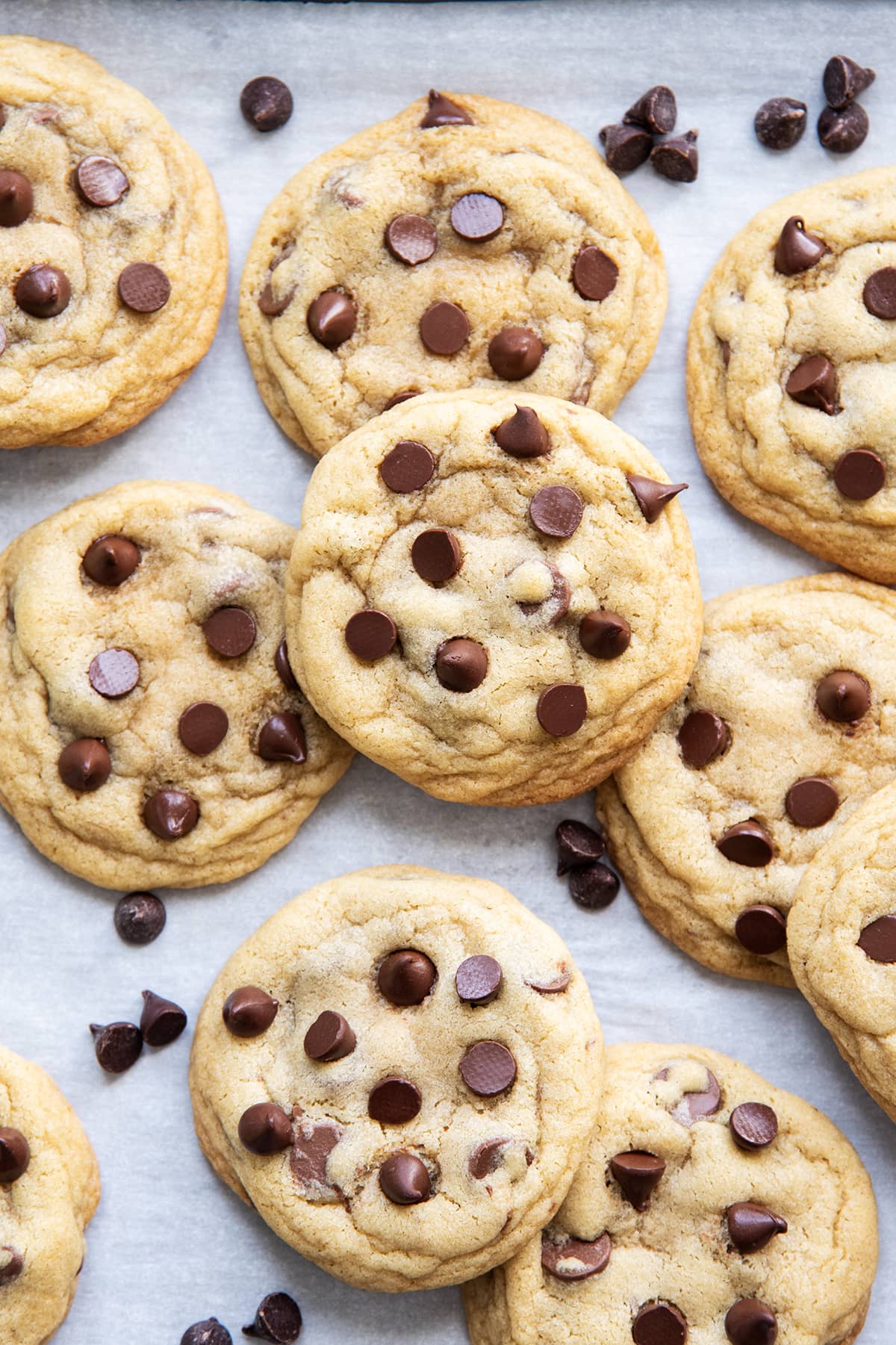 Chocolate chip cookies on a piece of parchment paper.