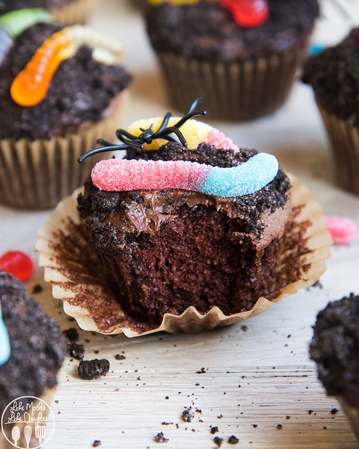 Dirt Chocolate Cupcakes with gummy worms on top