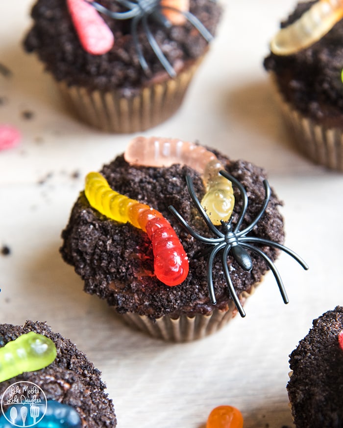 Dirt cupcakes topped with oreo crumbs and candy worms. 