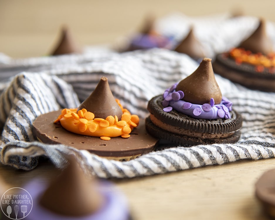 Oreo cookies decorated to look like witch hats