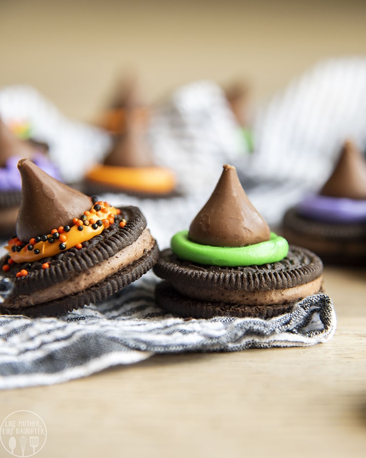 Witch Hat Cookies made with Oreos and Hershey Kisses