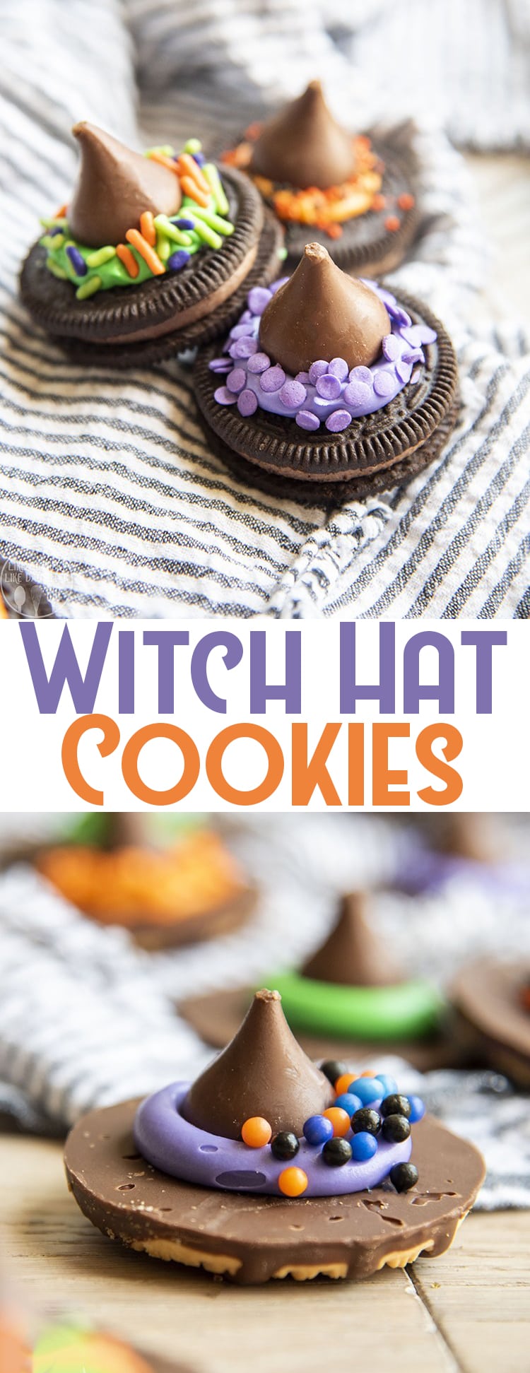 A collage of two photos of witch hat cookies with a text block in the middle. 