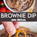 A collage of two photo of brownie batter dip with a text block between them for pinterest.