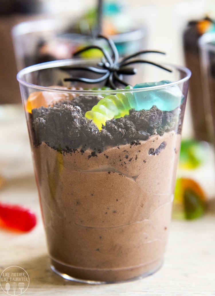 Chocolate Pudding topped with crushed Oreo cookies and gummy worms