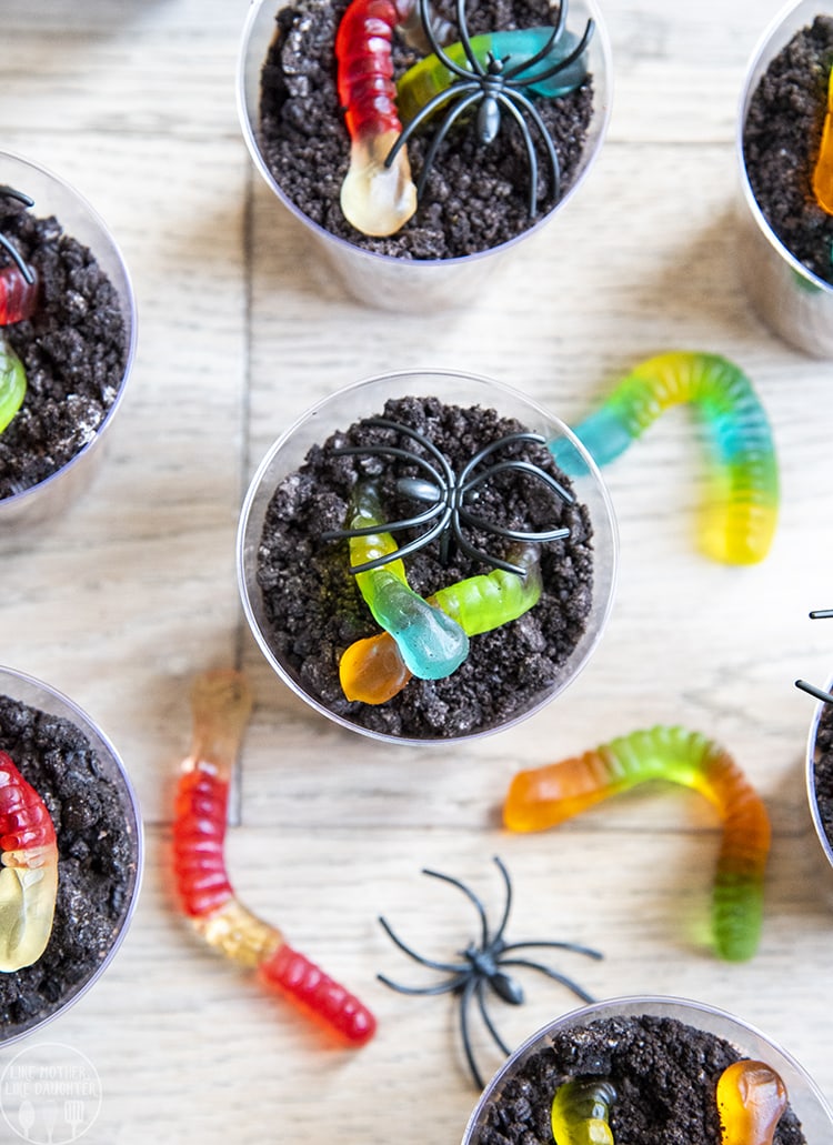 Chocolate Pudding topped with Oreo crumbs and gummy worms make these cute Dirt Pudding Cups