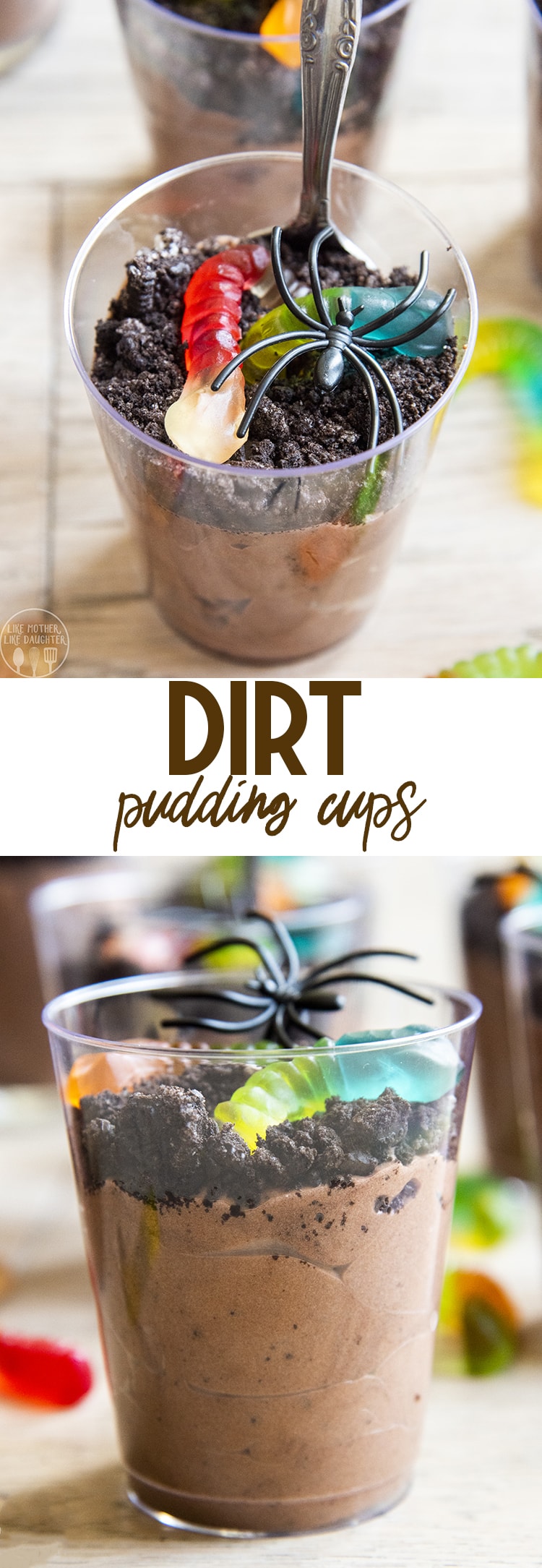 A collage of two photos of dirt pudding in glass cups with a text block in between them.