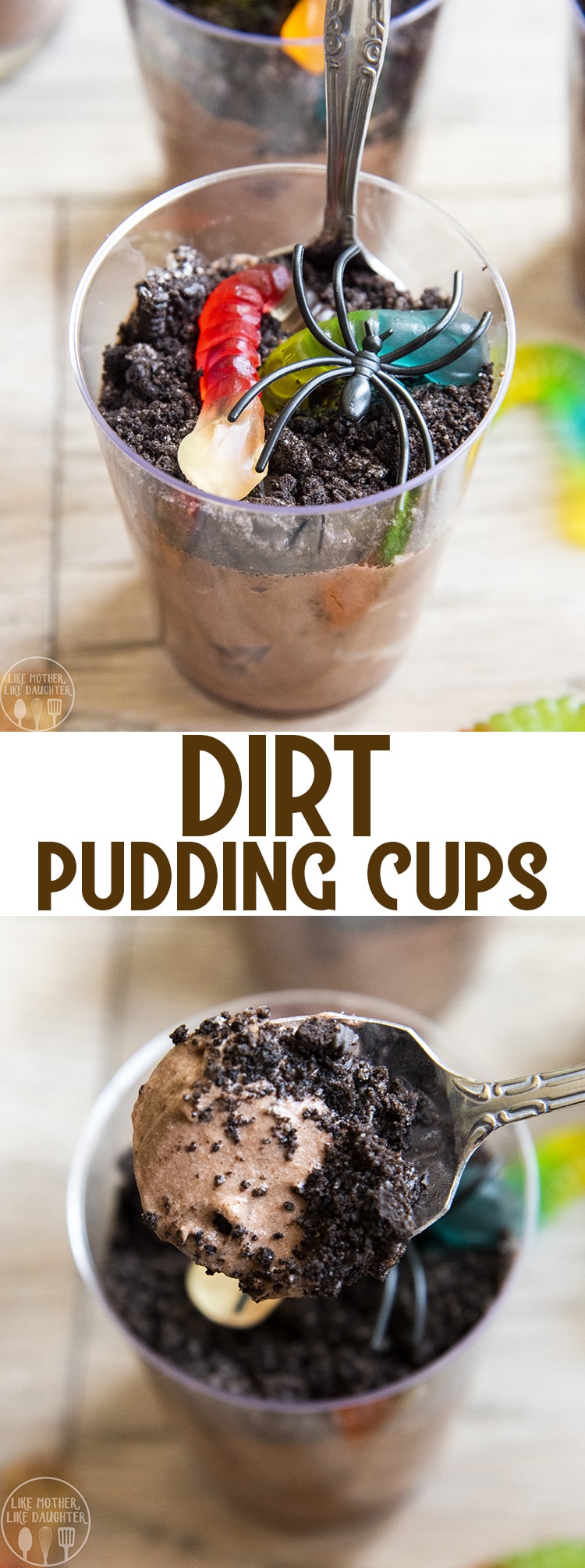 A collage of two photos of dirt pudding cups, with a text block in the middle.